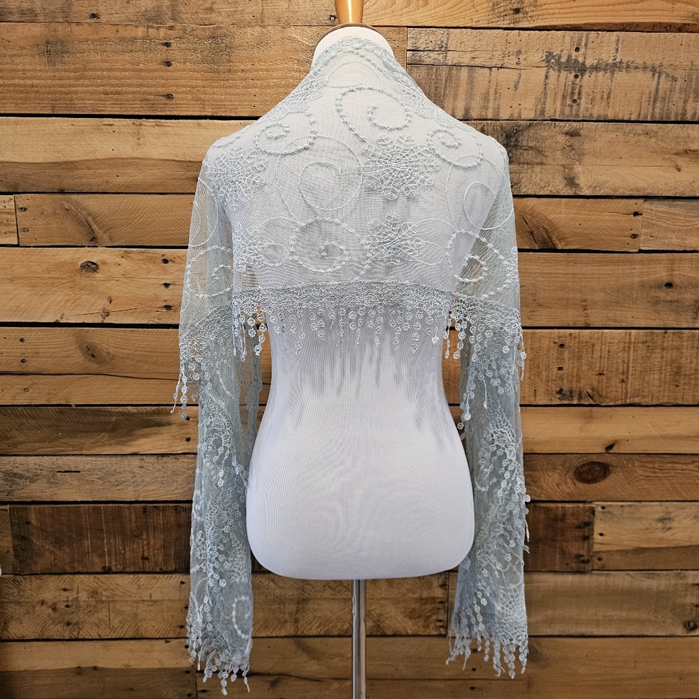 Seafoam Green Lace/Tulle Shawl w/ Crochet Trim 76" Long